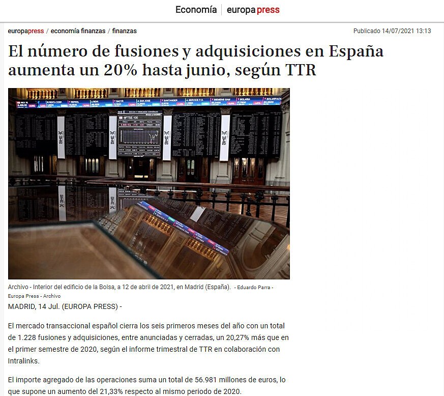 El nmero de fusiones y adquisiciones en Espaa aumenta un 20% hasta junio, segn TTR